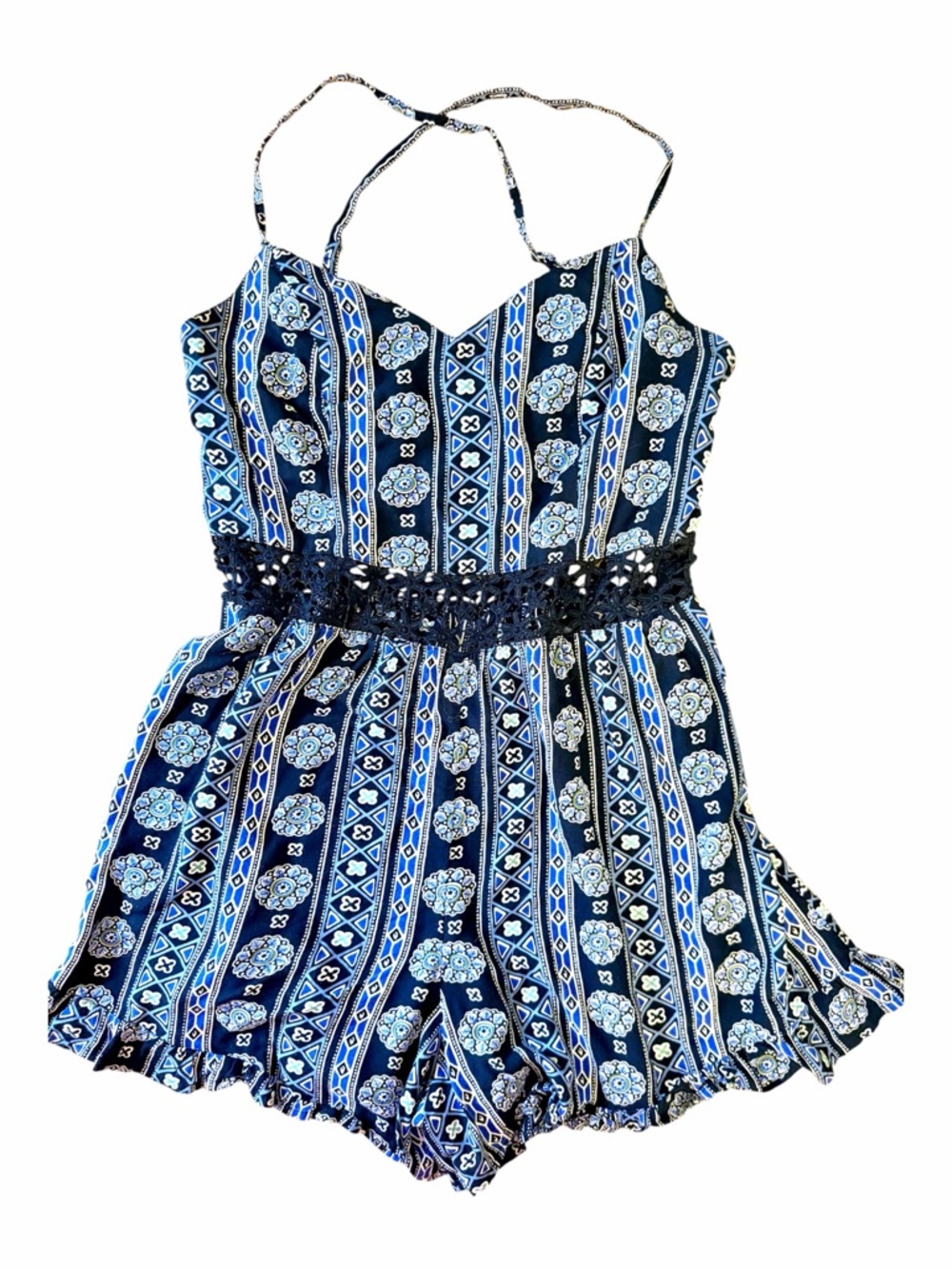 Hollister Women’s Small Blue Boho Romper Y2K Summer Style Waist Cut Out